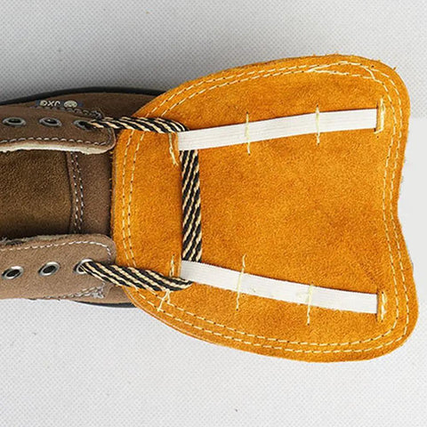 Heavy Duty Welding Shoe Covers Heat Resistant Boot Covers With Anti-Scald Toe Guards showing top view of brown leather strap detail