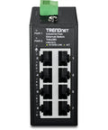 Front view of Industrial 8 Port Fast Ethernet DIN Rail Mini Switch with IP50 Rated Housing and 1.6Gbps Switching Capacity, 8x10/100 ports.