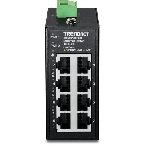 Front view of Industrial 8 Port Fast Ethernet DIN Rail Mini Switch with IP50 Rated Housing and 1.6Gbps Switching Capacity, 8x10/100 ports.