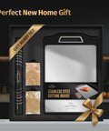 Front view of Matiks stainless steel cutting board set in a gift box; 16×11 inch double-sided board with handle.