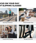 Four scenarios showcasing Silicone Eyeglass Ear Grips For Ray Ban Meta Smart Glasses Gen 1 And Gen 2 use in daily activities.