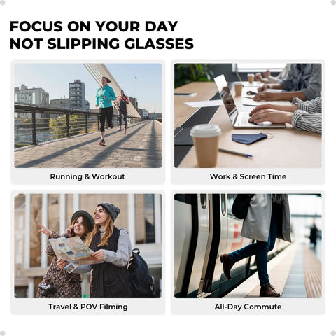 Four scenarios showcasing Silicone Eyeglass Ear Grips For Ray Ban Meta Smart Glasses Gen 1 And Gen 2 use in daily activities.