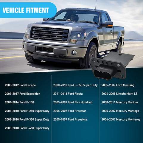 HVAC Blower Motor Resistor Replacement Direct Fit For Ford F-150 2004-2014, image showing vehicle fitment and product.