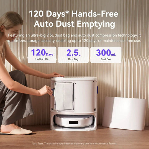 Woman using Freo X10 Pro Robot Vacuum And Mop Combo With 11,000 Pa Suction, DualFlow Tangle Free System, Self Emptying feature
