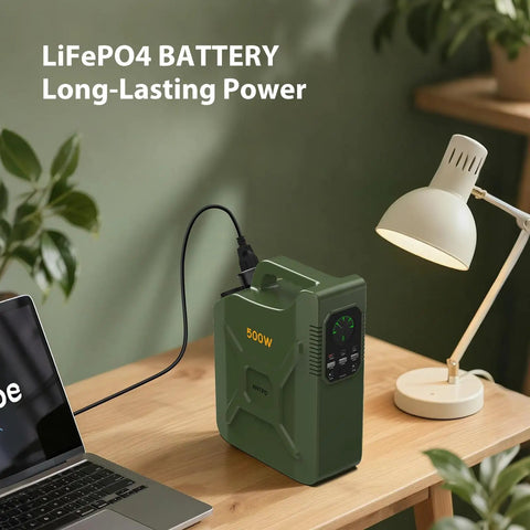 Reliable Portable Power Station 500W featuring LiFePO4 cell connected to a laptop on a wooden desk with lamp.