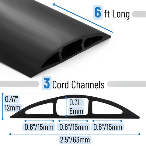 6 Ft Floor Cord Cover Cable Protector with 3 PVC Channels, 2.5 inch wide and 0.47 inch high, for hiding cables and preventing trips