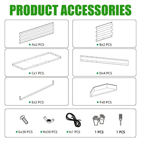 Diagram showing parts for 2 Pack Elevated Metal Raised Garden Bed With Legs 48 By 18 By 32 Inches Outdoor Planter Boxes assembly.