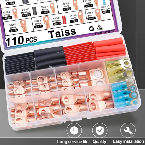 Pro Grade Copper Wire Lugs Kit For Battery Cables With Heat Shrink Includes AWG 2 To 16 Copper Ring Terminals And Connectors