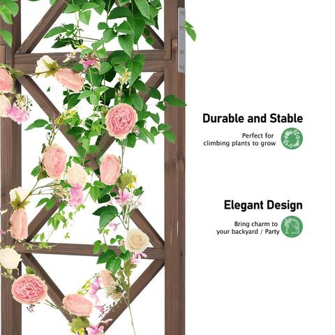 Sturdy 6.6Ft Wooden Garden Arbor Wedding Arch with climbing plants and metal brace, showcasing elegant design and durability for ceremony.