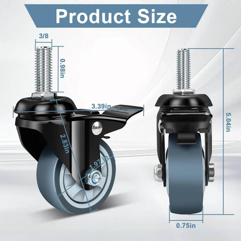 Heavy Duty Swivel Caster Wheels Set Of 4 With Dual Locking Brakes And 2 Inch industrial casters size dimensions 3.39in height and 1.97in wheel diameter.