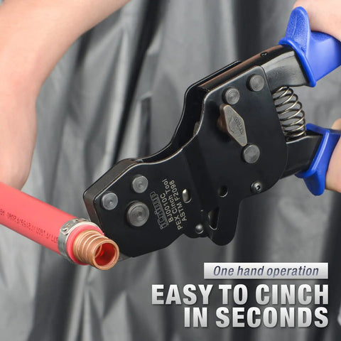 Ratchet PEX Cinch Tool For Stainless Steel Clamps Meets ASTM 2098 Clamping Three Eighths One Half Three Quarters Five Eighths One Inch Pipe Tubing One Hand Design For Easy Clamp Tightening And Quick Pipe Installations No Sweat