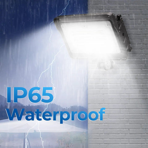 50W LED Flood Light Outdoor Super Bright 7000LM IP65 Waterproof Security Wall Pack in use during rain, mounted on wall