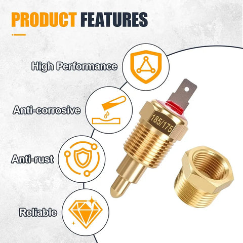 Electric Cooling Fan Thermostat Switch For Auto Radiator Temperature Sensor Switch Three Eighths Inch Pipe Thread Fits 10 Inch 12 Inch 14 Inch 16 Inch Fans Gold brass thermostat switch with threaded adapter