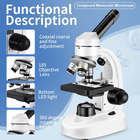 Budget Friendly Compound Microscope With 4X 10X 40X Glass Objectives And 10X 25X Eyepieces Delivering 40X 100X 250X 400X And 2000X Magnification showing controls and lenses