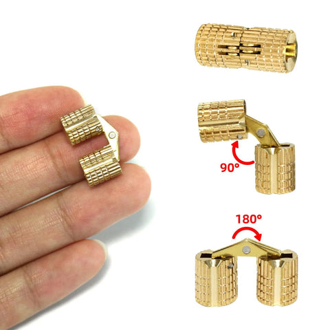 8 Piece Brass Barrel Hidden Hinges For Cabinets And Jewelry Boxes 8mm 180 Degree Concealed Hinge Hardware shown open and closed
