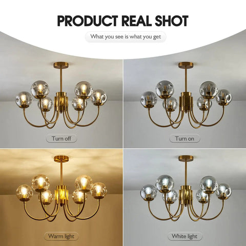 Gold 6-Light Sputnik Chandelier With Glass Shade in various lighting modes, Modern Farmhouse Ceiling Pendant Light Fixture