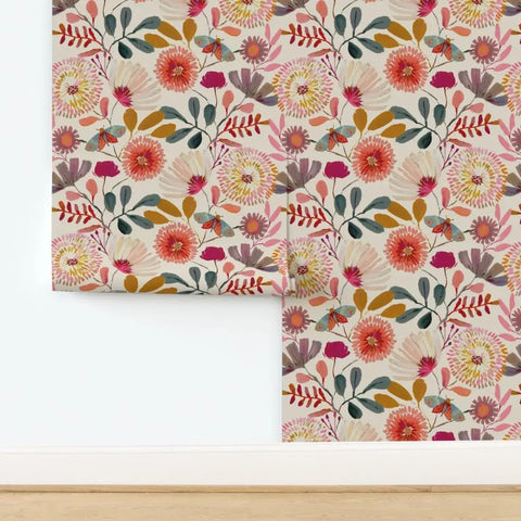 Wildflowers Floral Wallpaper Featuring Hella Smooth Matte Linen Texture And Truly PVC Free Composition Professional Grade Type II Paste Ready Wallcovering Super Durable Accent Decor For Modern Homes with colorful floral design.