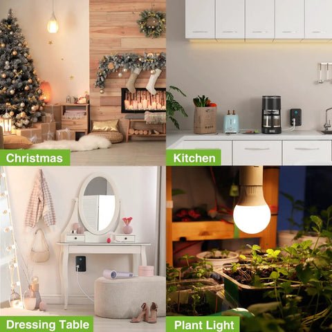 Smart Power Strip With WiFi Outlets And USB Ports, 3 Individually Controlled Sockets in various scenes like kitchen and Christmas decor.