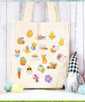 Grab These Fresh Forty Piece Easter Enamel Pins Bulk Collection featuring spring brooches on a beige tote bag with bunny egg designs.