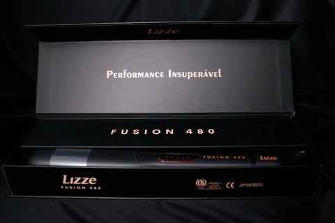 Fusion 480 Hair Straightener With High Heat Power in black packaging, showing product name and details inside the box.