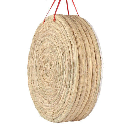 Traditional Handmade Archery Target For Backyard Practice With 7 Layer Straw Core Eco Friendly Reusable, side view, hanging