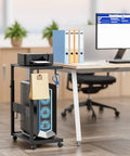 Boss Level Adjustable PC Tower Stand With Charging Station For Office Home Classroom Fits 23 To 28 Inch Towers Black Dual 120V Sockets And USB Ports CPU Holder Cart under desk with files and office setup