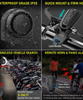 Wireless Remote Bike Alarm With 115dB Siren Motion Sensor mounted on bike handlebar, highlighting waterproof IPX5, quick mount, remote use.