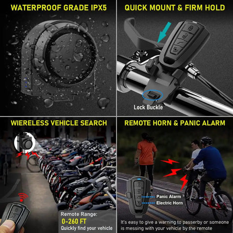 Wireless Remote Bike Alarm With 115dB Siren Motion Sensor mounted on bike handlebar, highlighting waterproof IPX5, quick mount, remote use.
