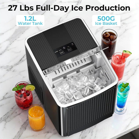 Smooth Countertop Bullet Ice Maker With Zero Hassle Setup And Custom Brick Panel, showing ice cubes and colorful cocktails.
