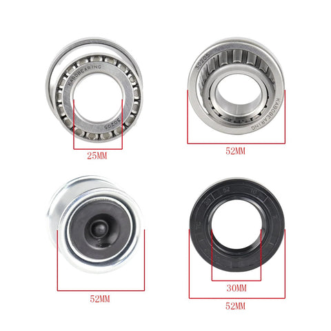 KABOBEARING wheel hub bearing, 25mm bore, 52mm OD, steel with seal, front view
KABOBEARING wheel hub bearing, 25mm bore, 52mm OD, steel with seal, side view
KABOBEARING dust cover with rubber plug, 52mm diameter, close-up view
KABOBEARING TC seal 30x52x10mm for 25mm axle, black seal ring, installed view