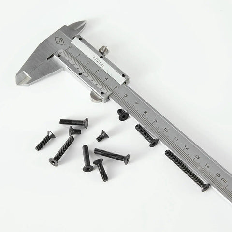 M4 Flat Head Hex Socket Cap Screws Set Includes 8Mm 12Mm 16Mm 20Mm 25Mm Lengths, Built Tough 100Pcs, shown with caliper