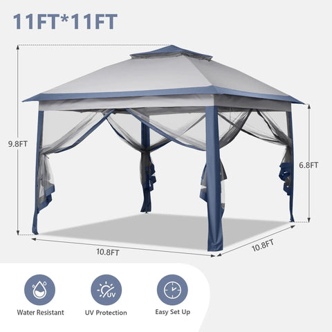 11x11 Pop Up Canopy Tent With Netting And Carry Bag, Easy Setup Outdoor Gazebo For Backyard, Spacious Blue Party Shelter