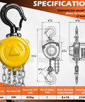 Half Ton Chain Hoist, Ultra Lightweight And Compact, 10 Foot Lift, 11 Inch Low Headroom, Industrial Grade Steel Chain Fall diagram