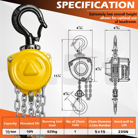 Half Ton Chain Hoist, Ultra Lightweight And Compact, 10 Foot Lift, 11 Inch Low Headroom, Industrial Grade Steel Chain Fall diagram