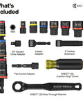 KNECT 23 Piece SAE Pass Through And Flip Socket Tool Set with adapters, sockets, drivers, and ratchet for home and auto use.