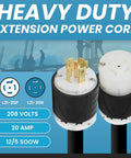 Nema L21-20 Extension Power Cord 20 Amp 100 Feet Heavy Duty Rugged Power Cable connectors showing 208 volts ratings.