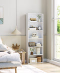 Top Shelf Six Tier Tall Bookshelf And White Bookcase Featuring Extra Roomy Open Display Shelves For Modern Living Room Storage And Home Office Decor Organization Rack in a bright room with decor.