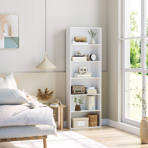 Top Shelf Six Tier Tall Bookshelf And White Bookcase Featuring Extra Roomy Open Display Shelves For Modern Living Room Storage And Home Office Decor Organization Rack in a bright room with decor.