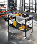 Welding Table 36 By 18 Inch With Wheels, 1200 Lbs Capacity, 8 Tool Slots, Five Eighth Inch Fixture Holes, in workshop setting.