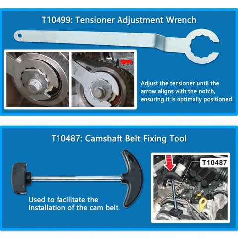 Pro Grade Camshaft And Crankshaft Timing Tool Set For VAG EA211 Engines showing tensioner adjustment wrench and camshaft belt tool