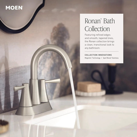 Ronan Matte Black Two-Handle 4-Inch Centerset Modern Bathroom Faucet With Push-Down Drain, sleek contemporary style faucet in use