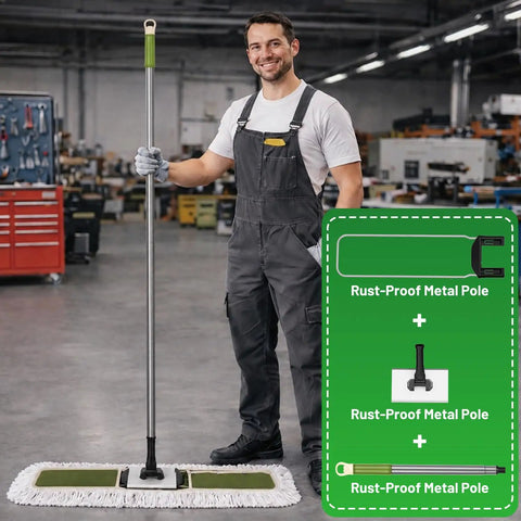 Heavy Duty Commercial Dust Mop And Floor Broom For Hardwood Surfaces With Secure Button Lock Handle And Wide Sweep Path For Quick Janitorial Cleanup Jobs Done Right, with rust-proof metal pole and wide sweep path.
