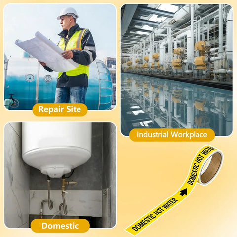 Domestic Hot Water Pipe Label Roll With Self Sticking Markers, 1 Inch High By 8 Inch Wide Yellow Plastic Film, Easy Peel And Apply, 25 Labels Per Roll For A No Fuss, Quick Identification Of Pipes on roll