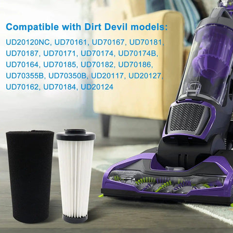 Endura F112 4 Pack Replacement Vacuum Filters for Dirt Devil Upright Vacuums with pre motor filters near vacuum cleaner