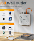 Frictionless Multi Plug Outlet Extender With Four AC Power Jacks And Three Fast USB Charging Ports Smooth Design, mounted on wall.