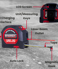 2 In 1 Laser Tape Measure With 130 Ft Laser Range And 16 Ft Tape, Magnetic Hook, USB Rechargeable, Auto Lock, LCD Display, Metric And Imperial Units For DIYers And Pros Quick Area And Volume Calculations close-up with tape extended
