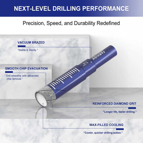 Front view of blue diamond drill bit from Amazon 6-piece set; features vacuum brazed tip and reinforced diamond grit.