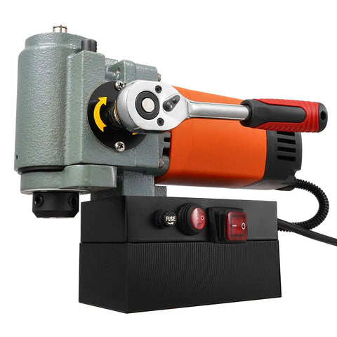 Hefty Power 1300W Magnetic Drill Press with orange body, high torque chuck, and control buttons for safe steel drilling.