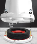 No Wax No Mess Toilet Seal With Hardware Universal Fit For All Flanges And Floor Heights Easy Install Leak Proof Repositionable Toilet Bowl Ring For 3 And 4 Inch Drains Made In USA Red, shown in sealing position on floor flange.