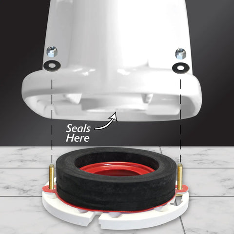 No Wax No Mess Toilet Seal With Hardware Universal Fit For All Flanges And Floor Heights Easy Install Leak Proof Repositionable Toilet Bowl Ring For 3 And 4 Inch Drains Made In USA Red, shown in sealing position on floor flange.